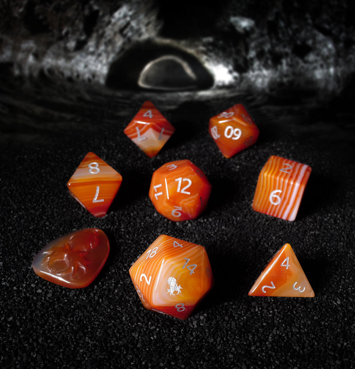 Natural Red Stripe Agate Semi-Precious 8 pc Dice Set with Kraken Logo for RPGs